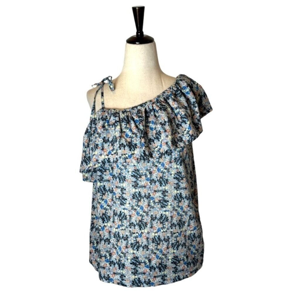 Rebecca Taylor La Vie Shirt Women Medium Blue Floral One Shoulder Top Bohemian